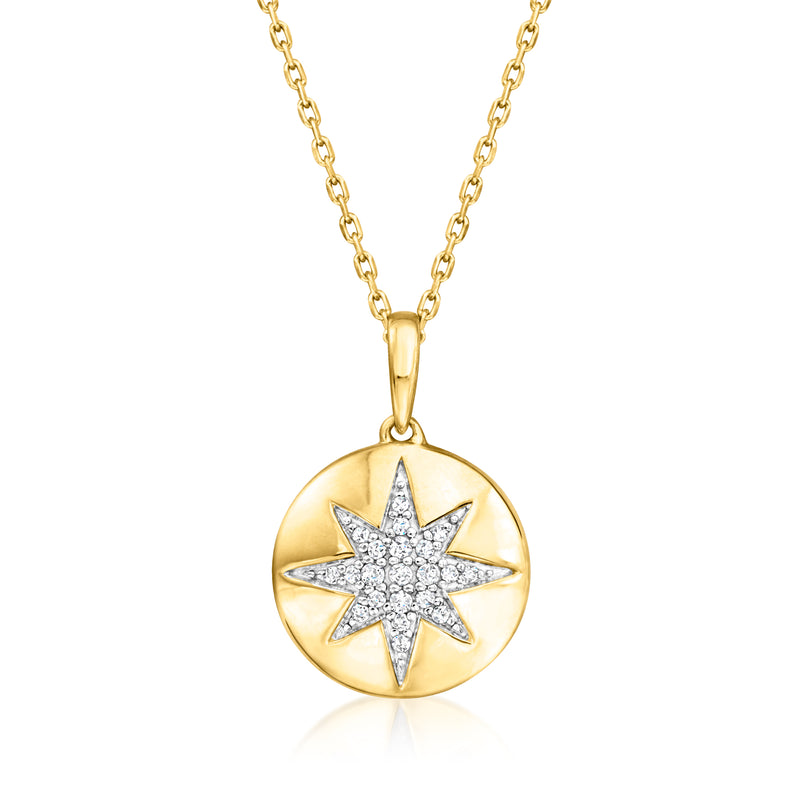Gold disc pendant necklace with star in center, diamond-look stones, link chain