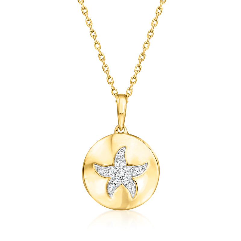 Gold starfish disc pendant necklace with crystal-like diamond starfish on round charm