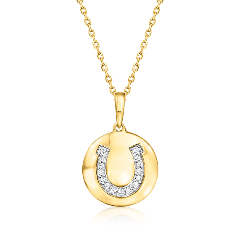 Gold horseshoe disc pendant necklace with diamond-like stones on round disc, link chain