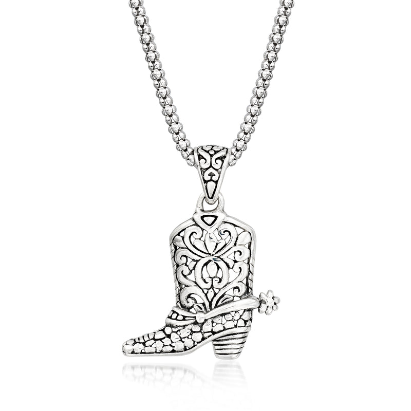 Sterling silver cowboy boot pendant necklace with detailed filigree boot charm and chain