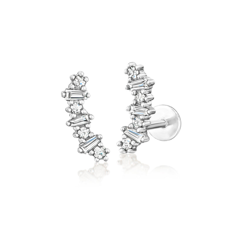 Sterling silver diamond flat-back ear climbers, multi-row stones with back post