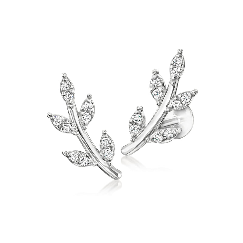 Sterling silver diamond leaf ear climbers with post backs and curved branch design