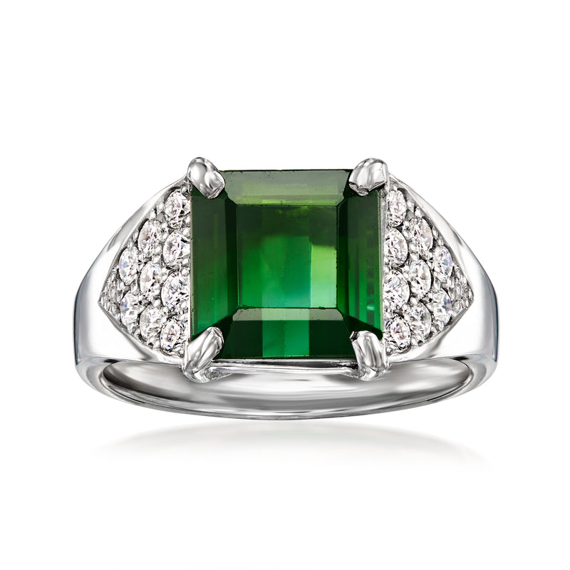 Platinum ring with emerald-green tourmaline and diamond side clusters