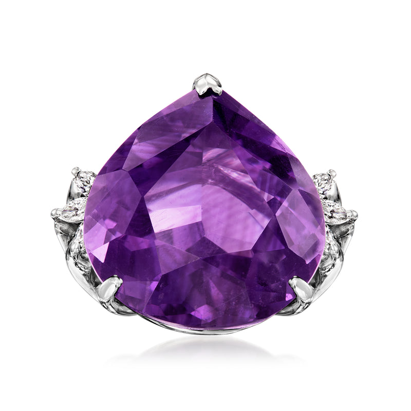 Platinum amethyst teardrop cocktail ring with prong-set diamonds on the sides