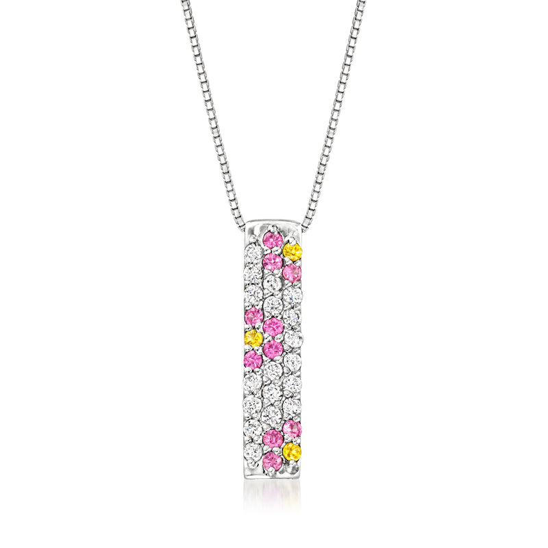 Platinum flower pendant necklace with pink and yellow sapphires and diamond accents