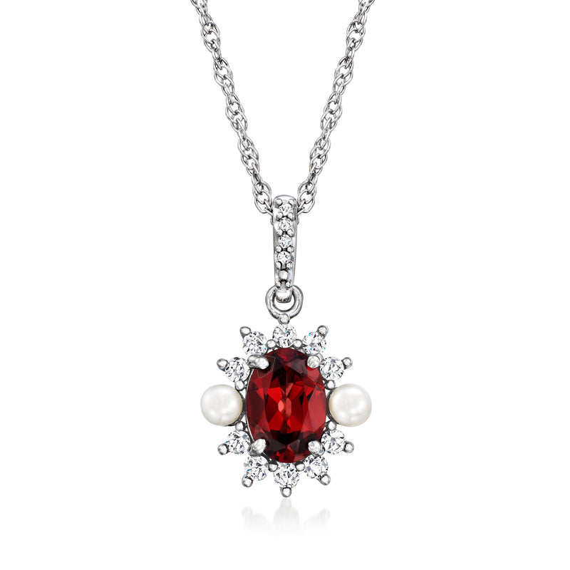 Sterling silver garnet pendant with diamond halo and cultured pearl accents