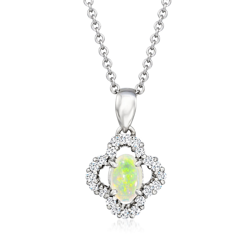 Platinum pendant necklace with oval green opal center and diamond halo, link chain