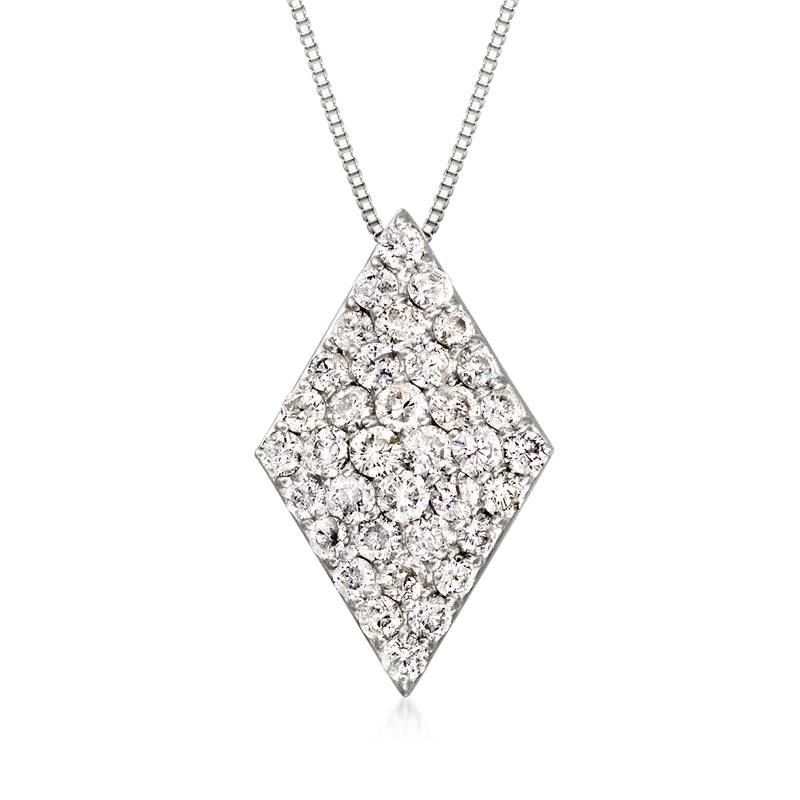 Platinum diamond pendant necklace with diamond cluster lozenge pendant on chain
