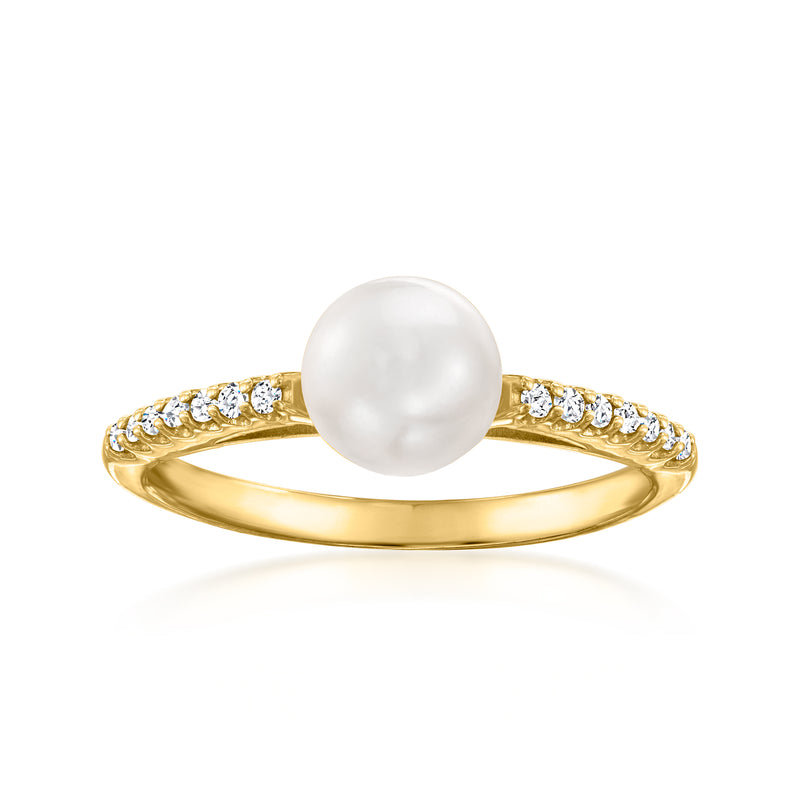 14kt yellow gold ring with round white cultured pearl and small diamond accents