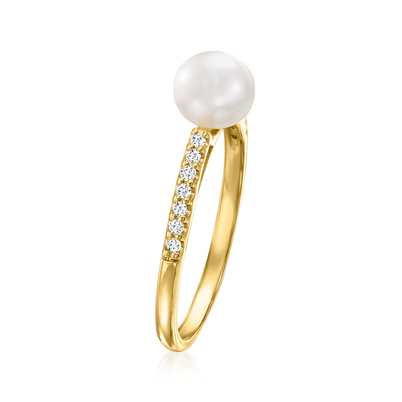 14kt yellow gold ring with round white cultured pearl and diamond row along band