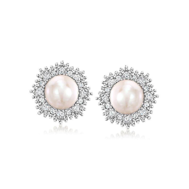 Sterling silver post earrings with round cultured pearl and diamond halo