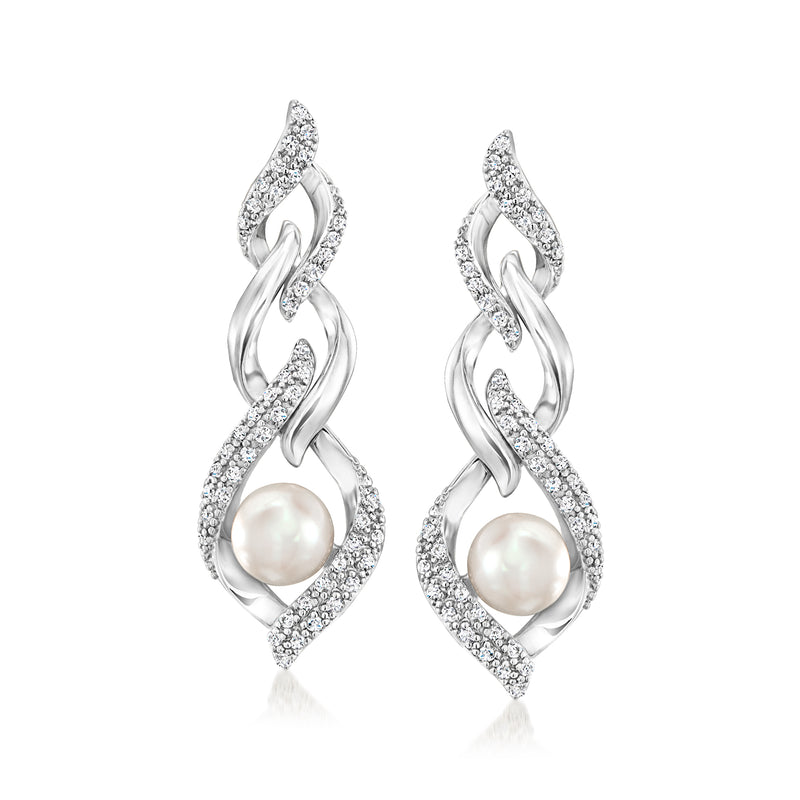 Sterling silver cultured pearl and diamond drop earrings with twisted link design