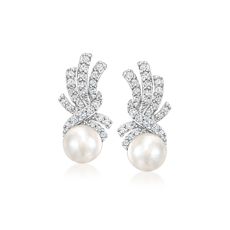Sterling silver post earrings with white cultured pearl and diamond-like cluster
