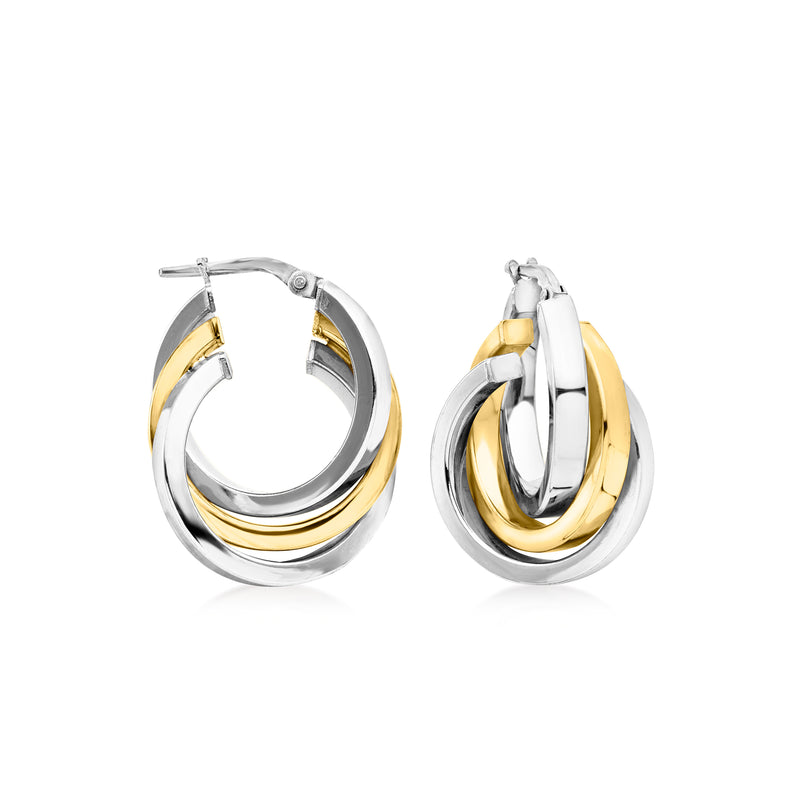 Interlocking hoop earrings, silver with gold inlay, hinged clasp, pair