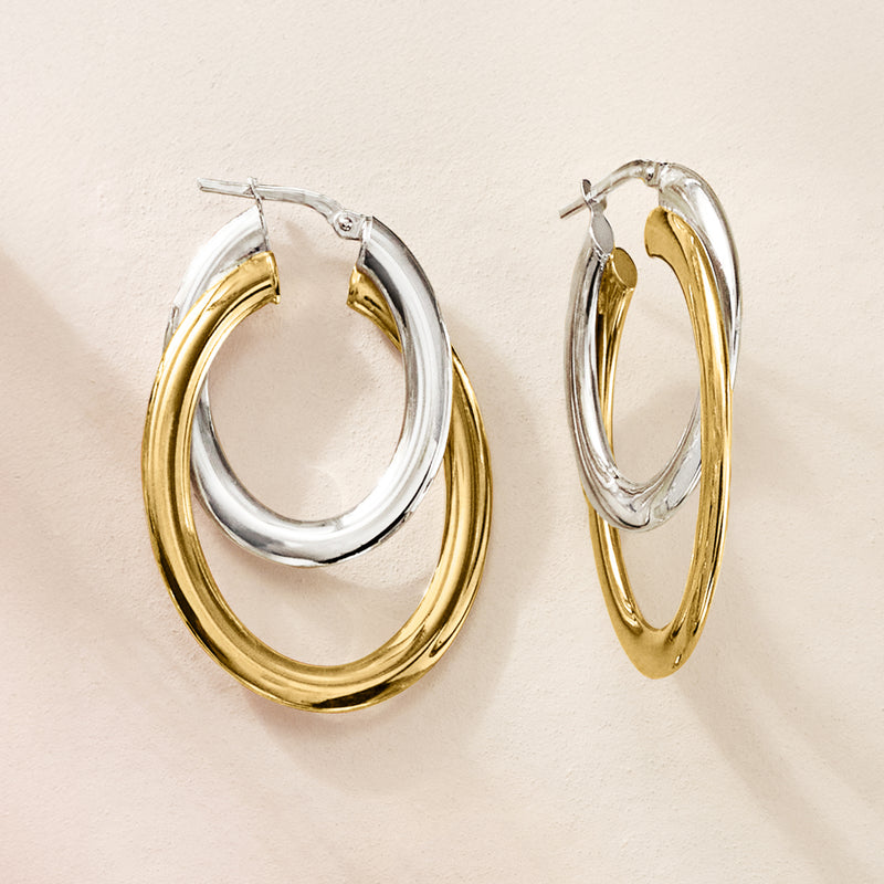 Double-hoop hoop earrings: silver outer hoops with gold inner accents