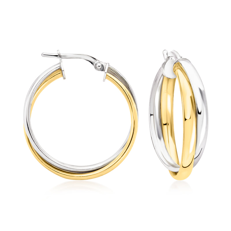 Double-hoop hoop earrings in silver with gold inner accents, hinged clasp