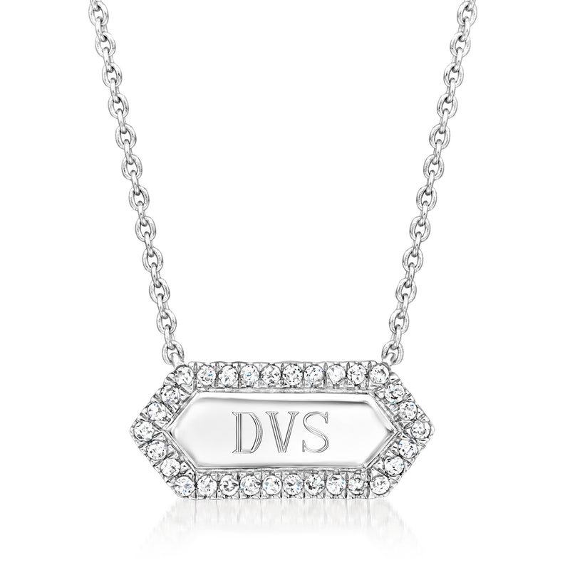 Sterling silver geometric bar necklace with diamond halo and engraved DVS