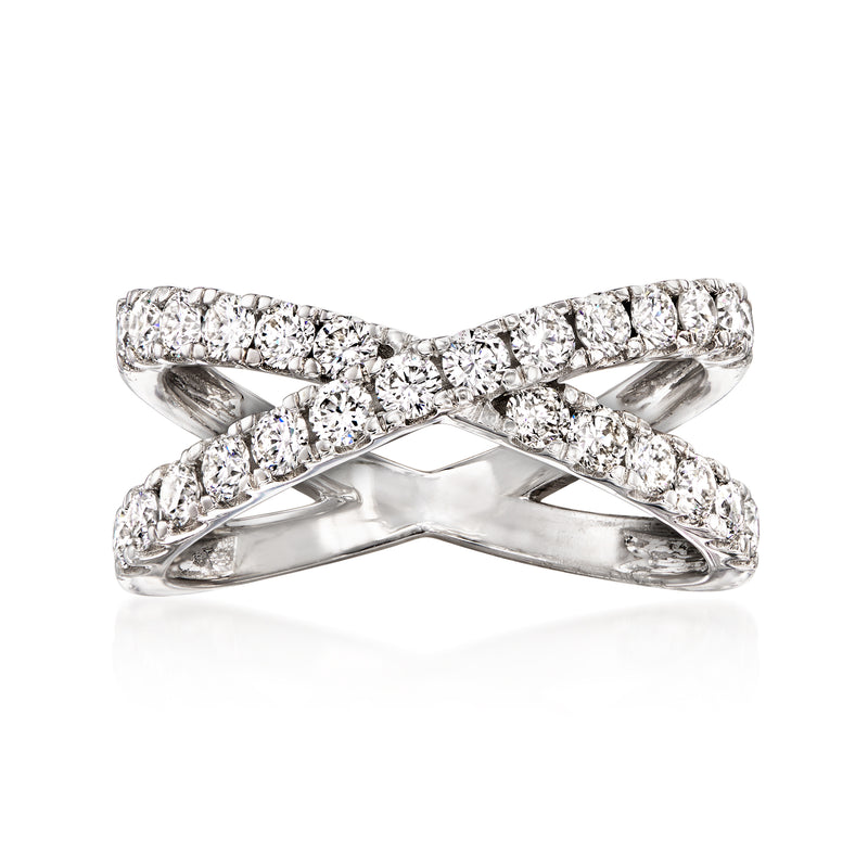 Crisscross lab-grown diamond ring in 14kt white gold, wide band with pave stones