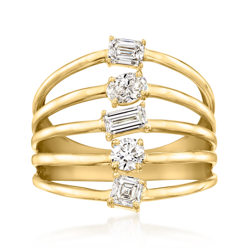 Multi-row lab-grown diamond ring in gold with baguette and round stones