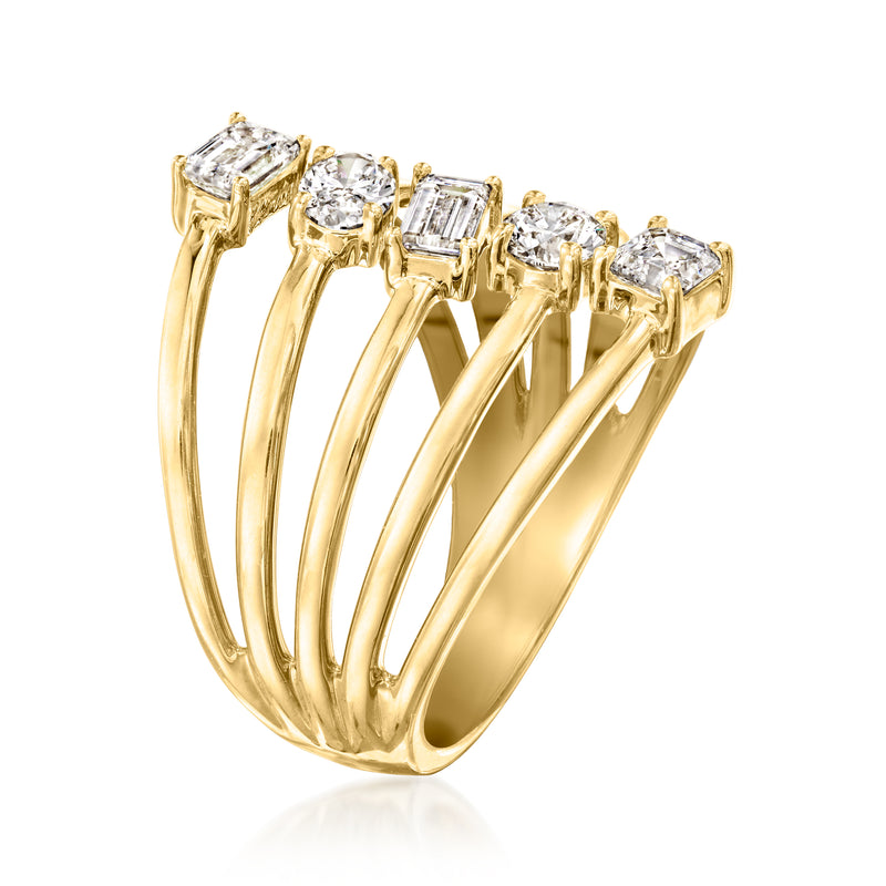 Gold multi-row diamond ring with five prong-set stones, baguette and round