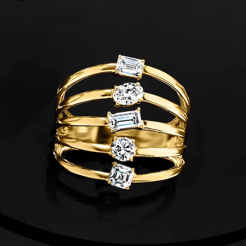 Gold multi-row diamond ring showing baguette and round stones in a stacked row