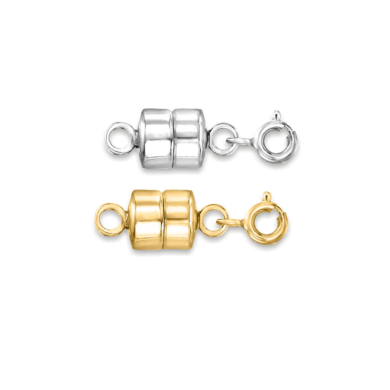 Magnetic clasp converter pair, silver and gold-tone cylindrical segments with ring ends