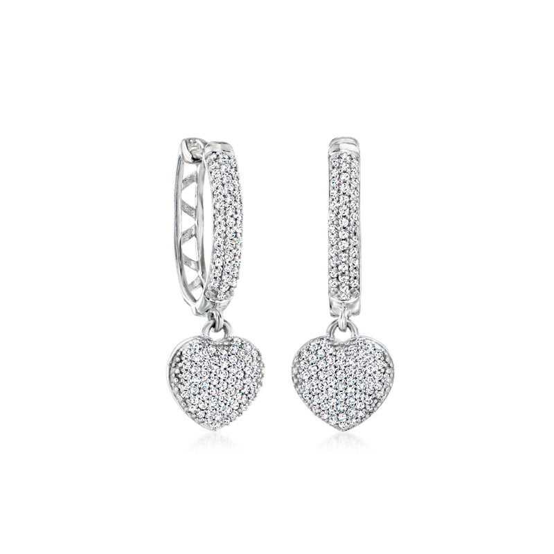 Sterling silver pave diamond heart hoop drop earrings