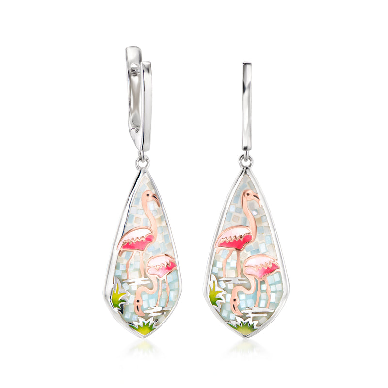 Sterling silver drop earrings, teardrop flamingo mosaic enamel front view