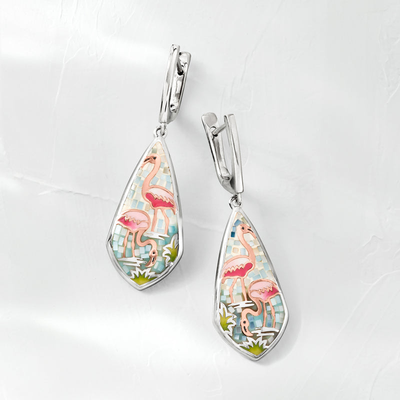 Sterling silver drop earrings with hanging teardrop flamingo mosaic enamel design