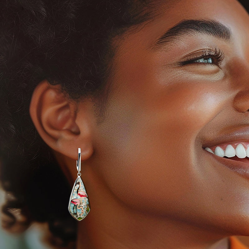 Flamingo mosaic enamel drop earrings in sterling silver, worn profile view