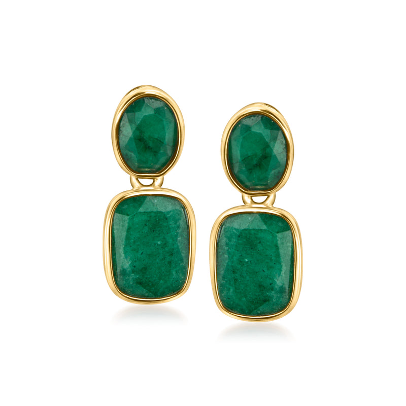 Gold drop earrings with emerald-green oval and cushion gemstones, hinged posts