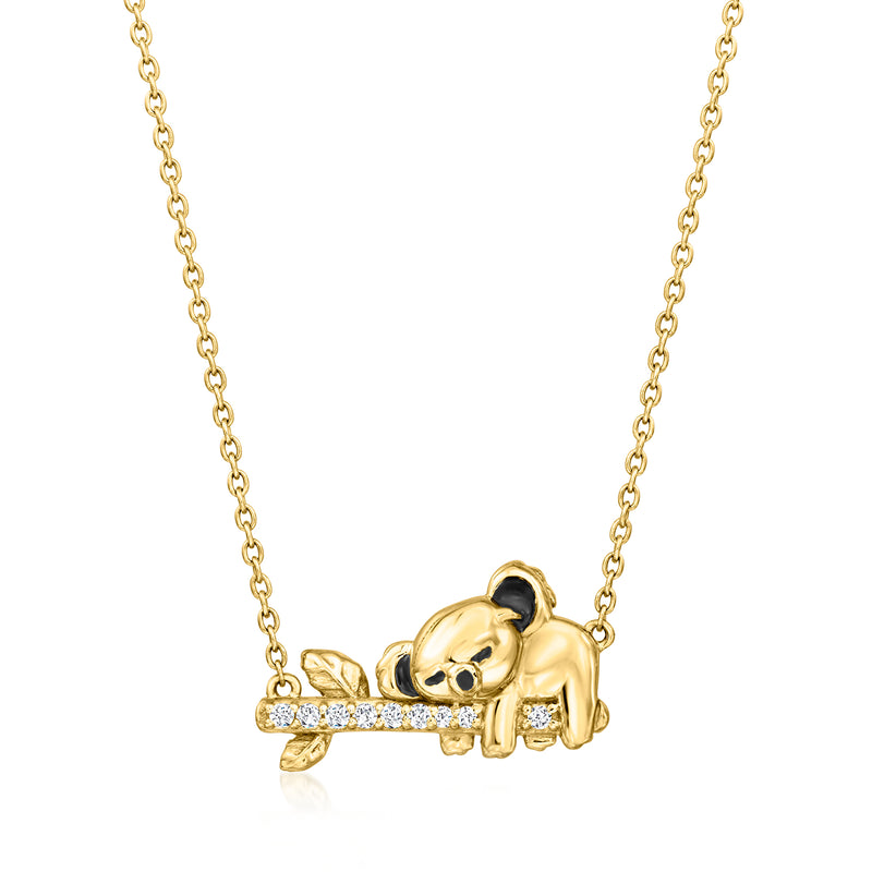 18kt gold over sterling koala necklace with black enamel and white topaz accents