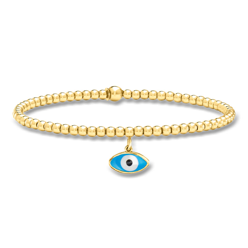 Gold beaded stretch bracelet with blue enamel evil eye charm