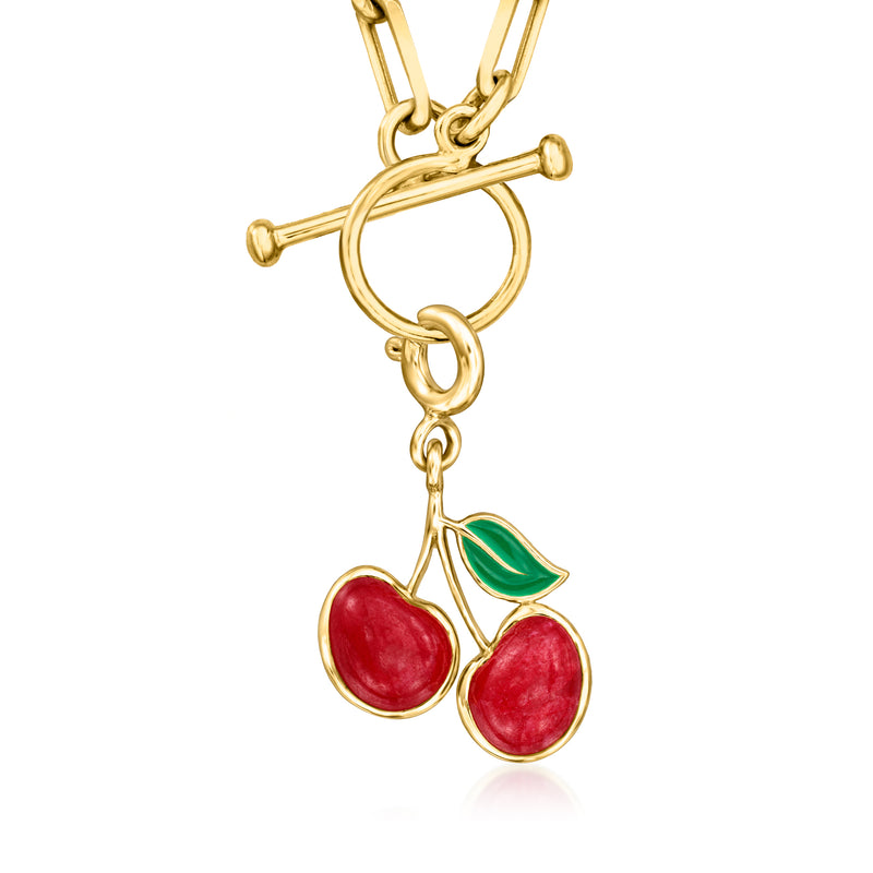 Gold over sterling hanging cherry charm, red enamel cherries and green leaf detail