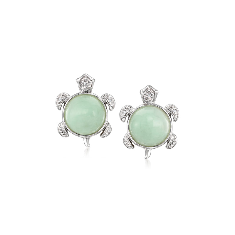 Sterling silver turtle stud earrings with jade-green cabochons and diamond accents