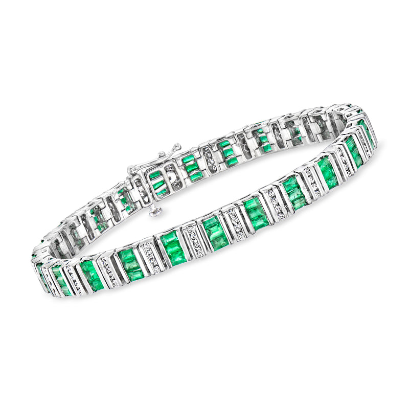 14kt white gold diamond and emerald tennis bracelet with rectangular row settings
