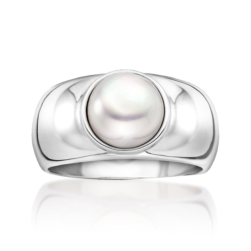 Sterling silver button pearl ring with round 8–8.5mm cultured pearl centerpiece