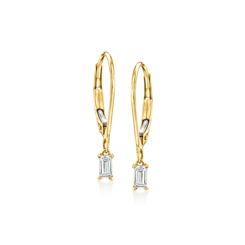 14kt yellow gold leverback drop earrings with baguette-cut diamond accents