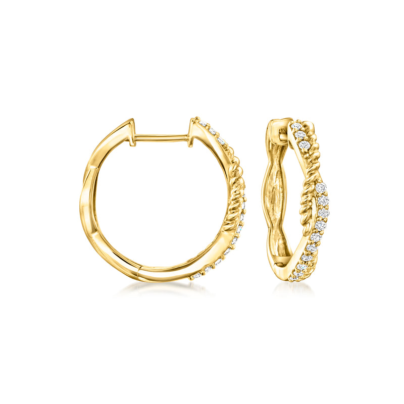 Gold twisted hoop earrings with small diamond accents on the outer edge, hinged back