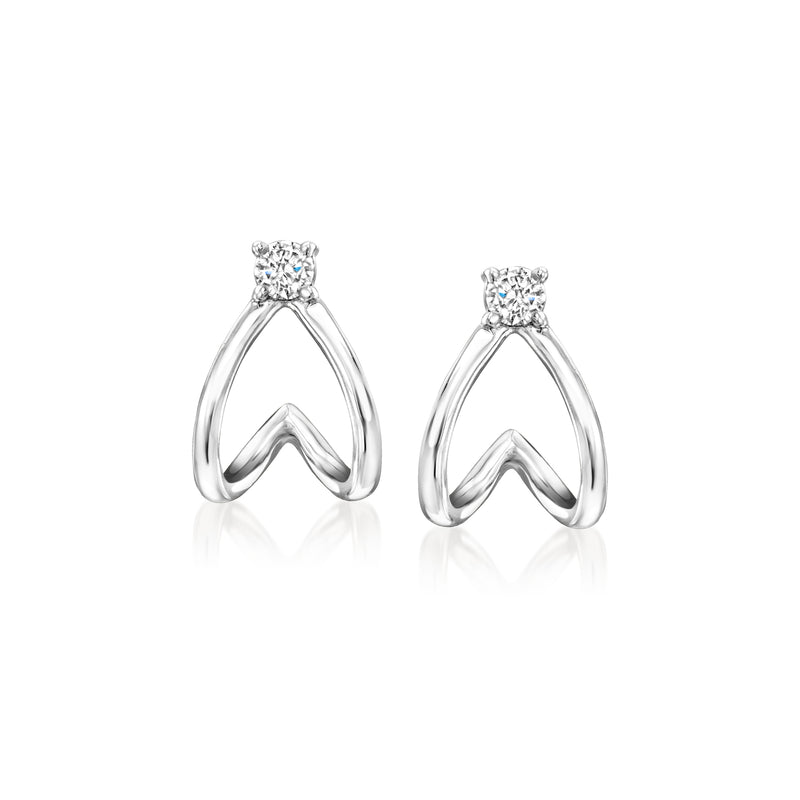 Sterling silver diamond double-split huggie hoop post earrings, small round stones on top