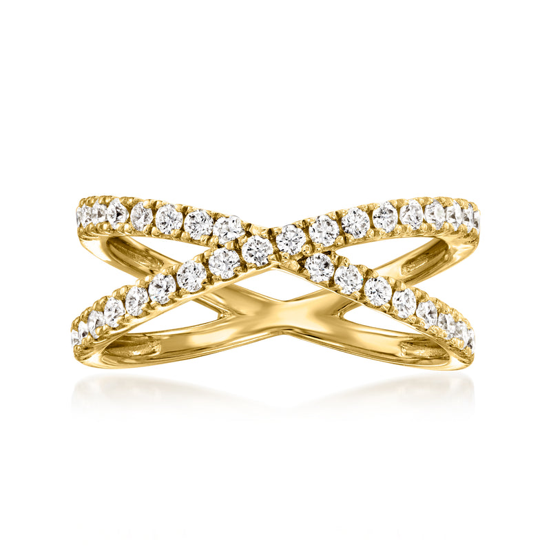 Crisscross diamond ring with round stones in gold over sterling, open X cross