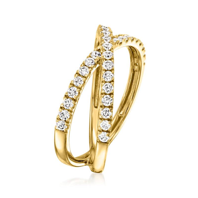Crisscross diamond ring side view, round stones in gold over sterling, open band