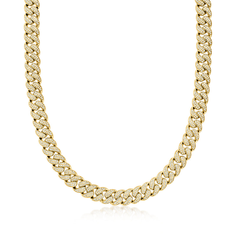 Gold Cuban-link necklace with diamond-like stone links and rounded chain links