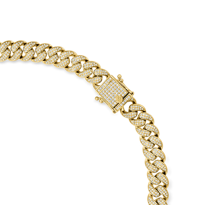 Gold Cuban-link necklace with diamond-like stones and square clasp centerpiece