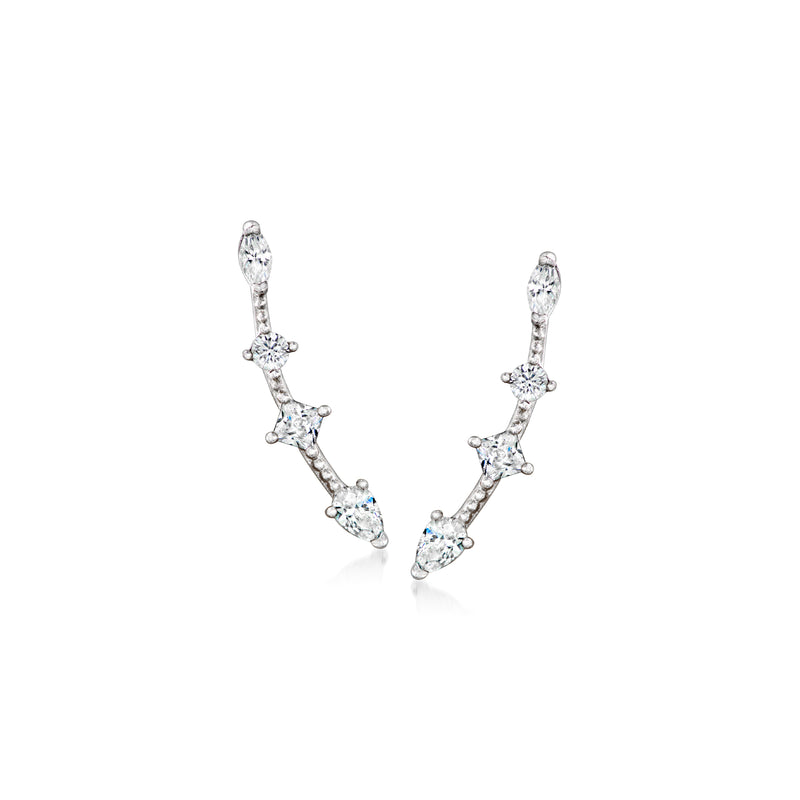 Sterling silver CZ ear climbers with multi-shaped clear stones, U-curved design