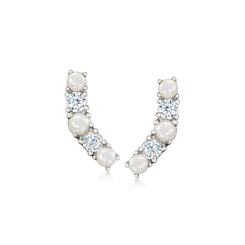 Sterling silver ear climber earrings with cultured pearls and clear CZ stones