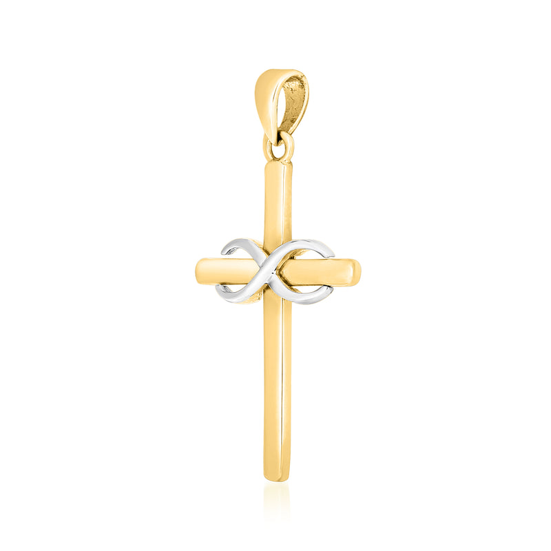 Two-tone gold cross pendant with infinity-knot center and loop bail