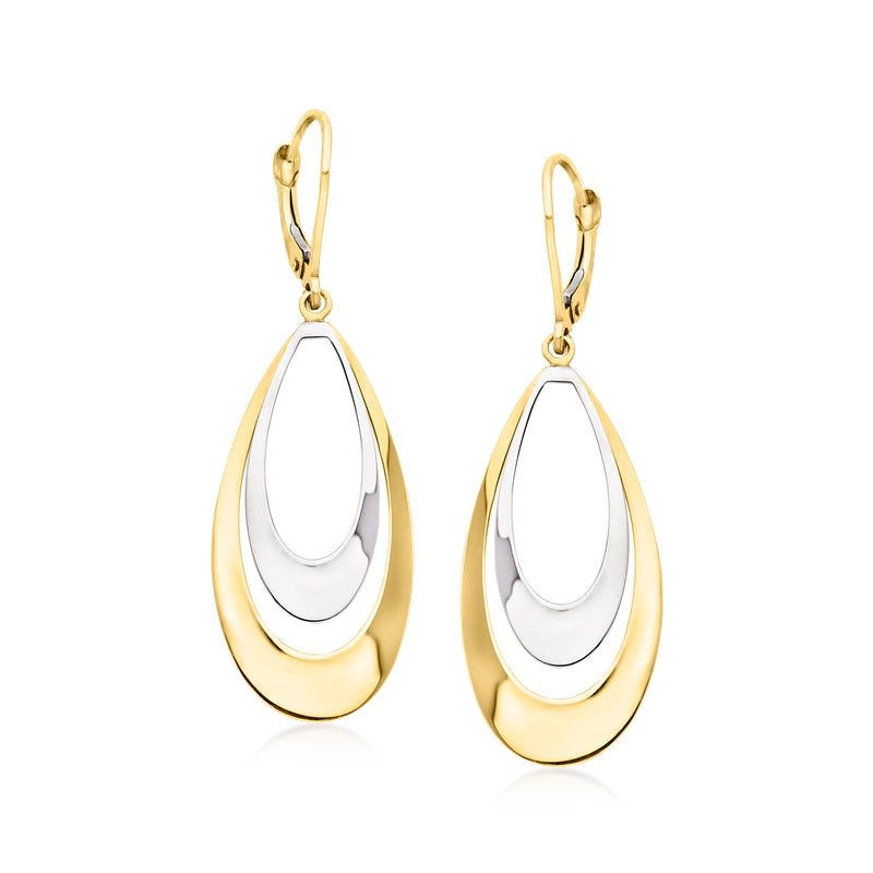 Two-tone 14kt gold teardrop leverback earrings with white inner drop