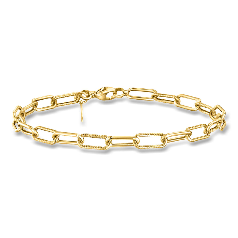 14kt yellow gold paper clip link bracelet with roped, polished finish