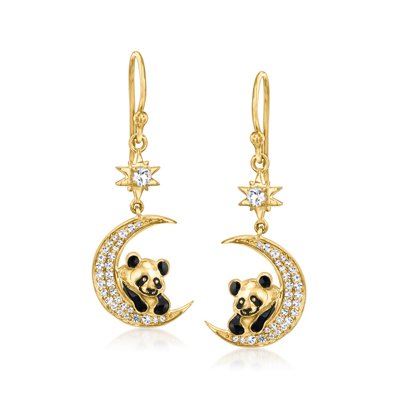18kt gold panda on moon drop earrings with white topaz and black enamel